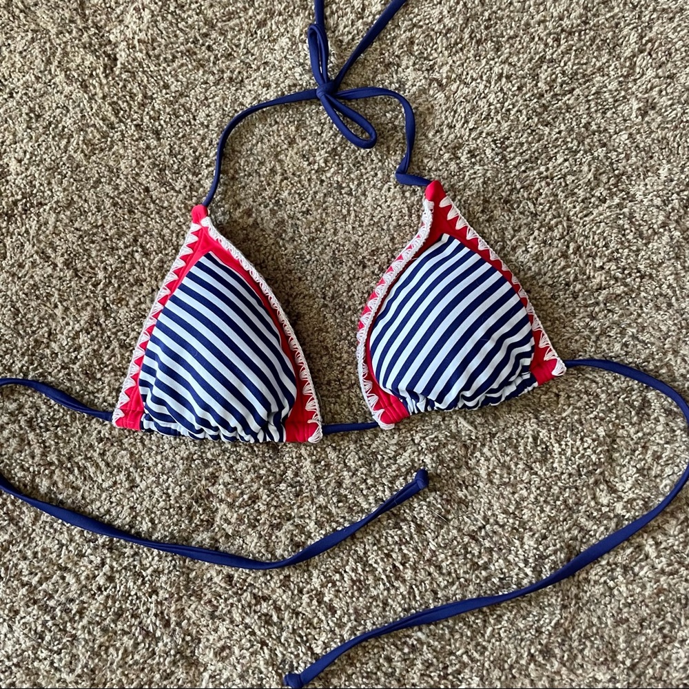 Red Trimmed Bikini Too with White and Blue Stripes